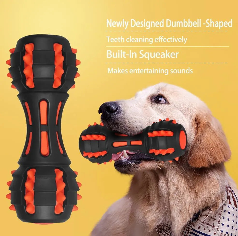 Red rubber dumbbell-shaped dog chew toy for aggressive chewers with natural rubber construction