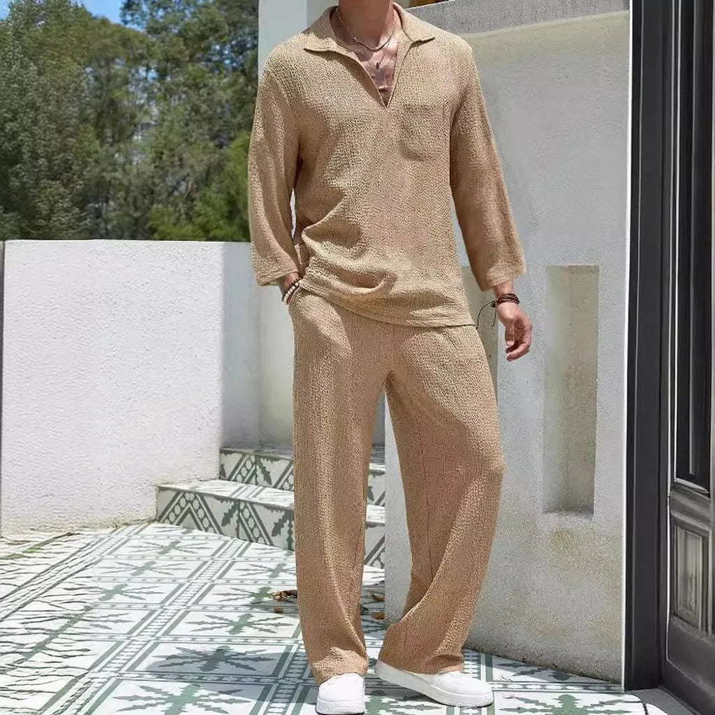 Men's casual polyester shirt trousers suit set in lake blue colour, showing complete two-piece outfit