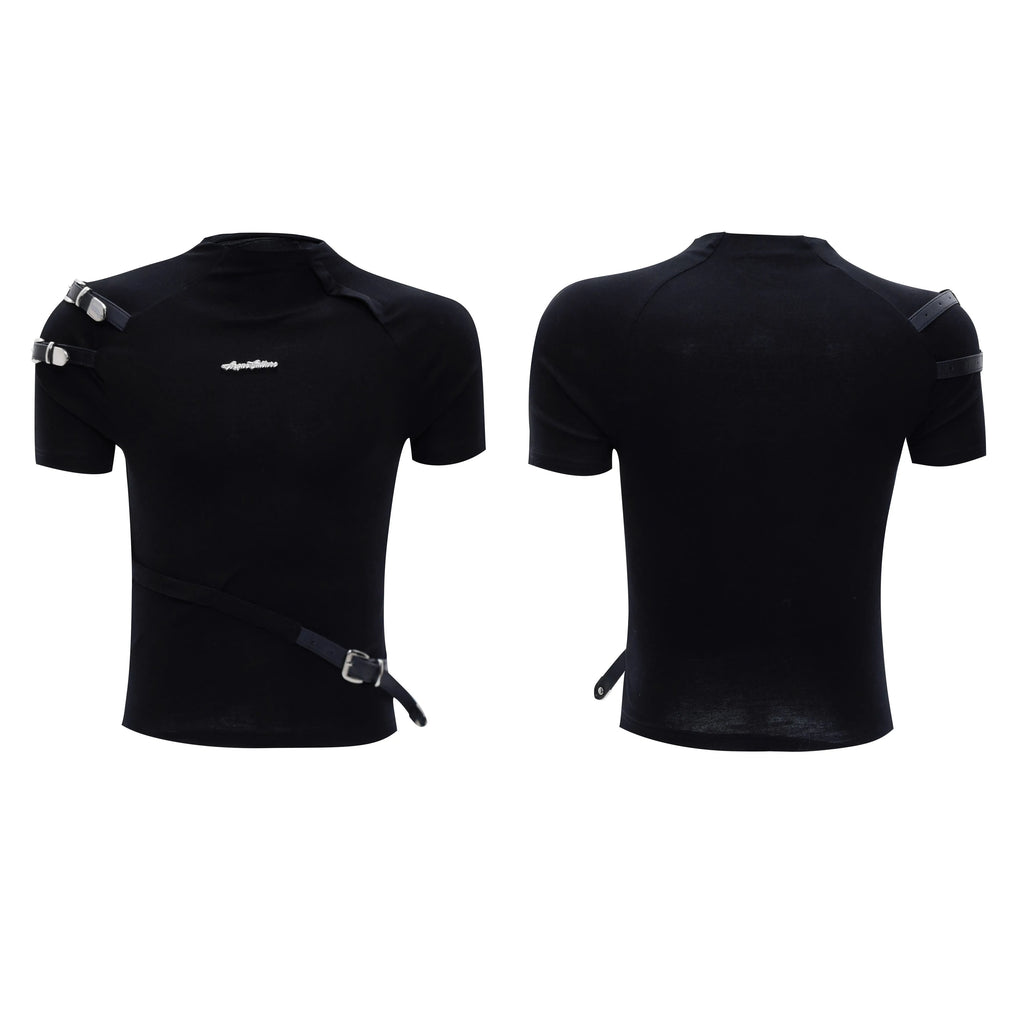 Men's slim fit cotton T-shirt with metal belt design and small stand-up collar in black and white colours