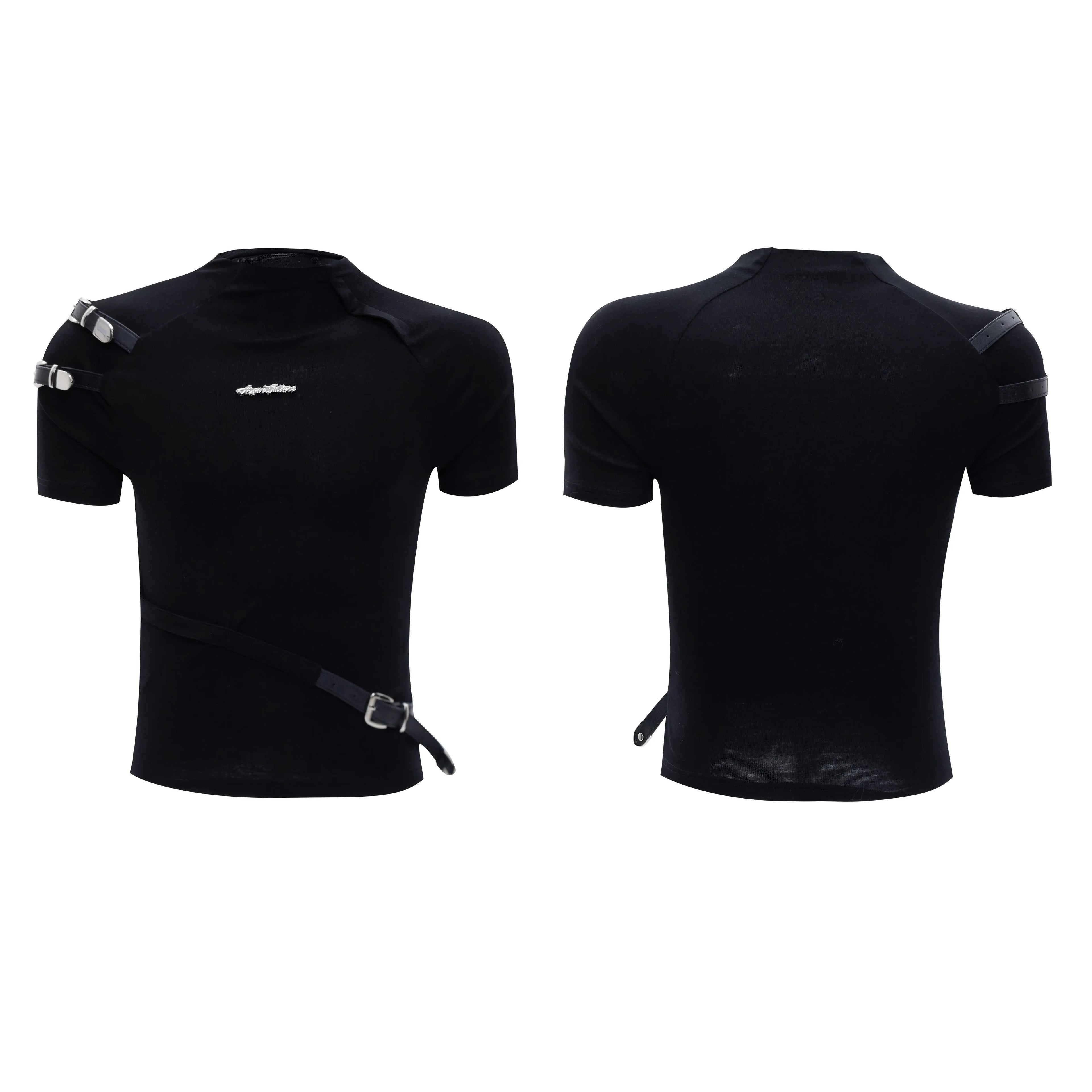 Men's slim fit cotton T-shirt with metal belt design and small stand-up collar in black and white colours