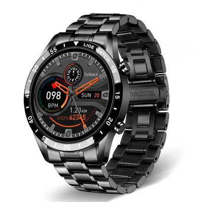 Stainless steel smart watch with 1.3 inch touchscreen display showing step count on black or silver wristband