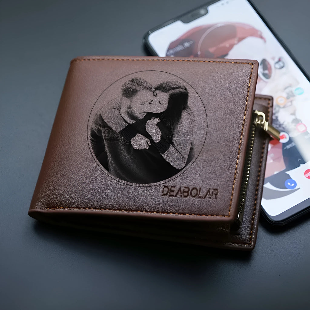 Men's brown leather wallet with a silver zip and seven visible card slots.