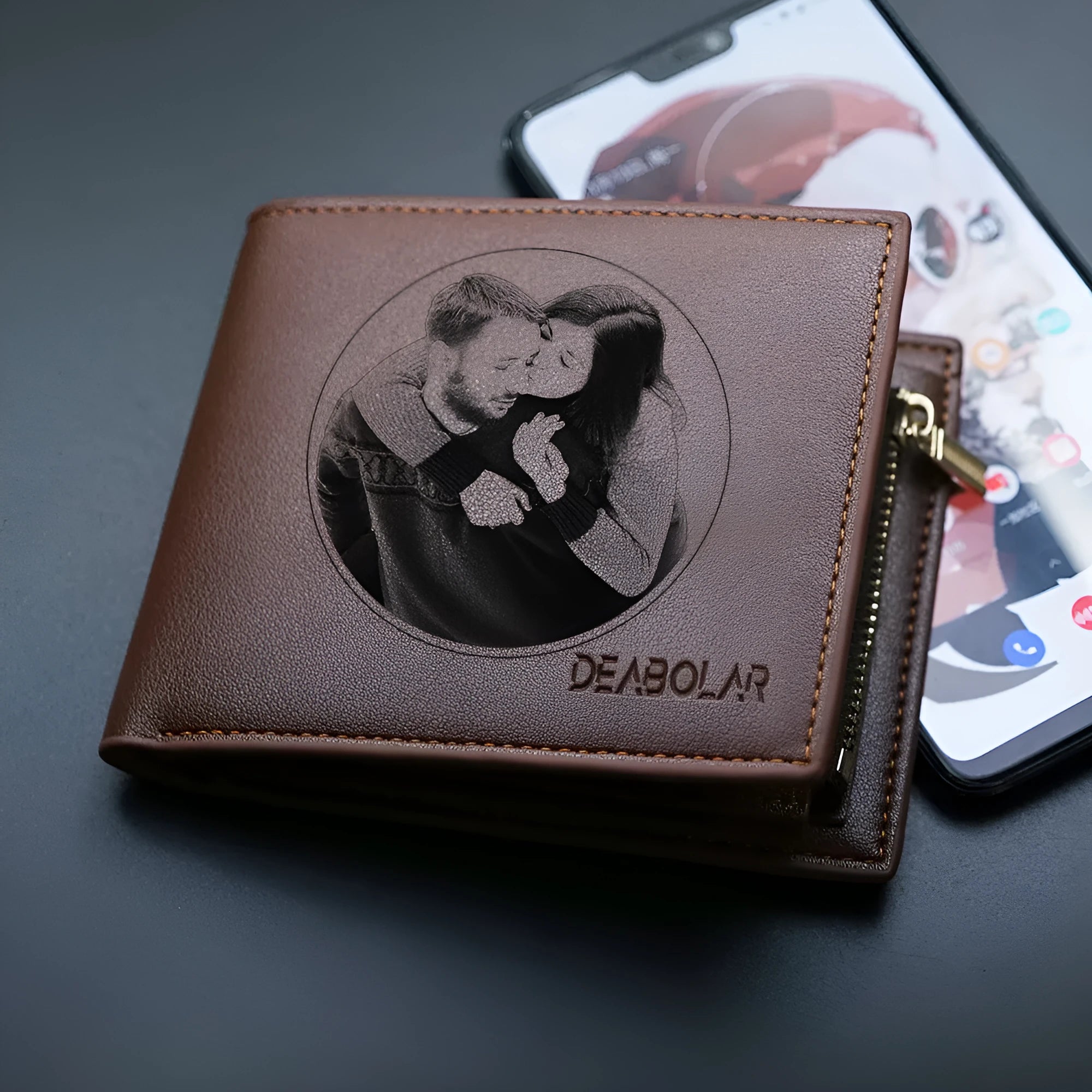 Men's brown leather wallet with a silver zip and seven visible card slots.