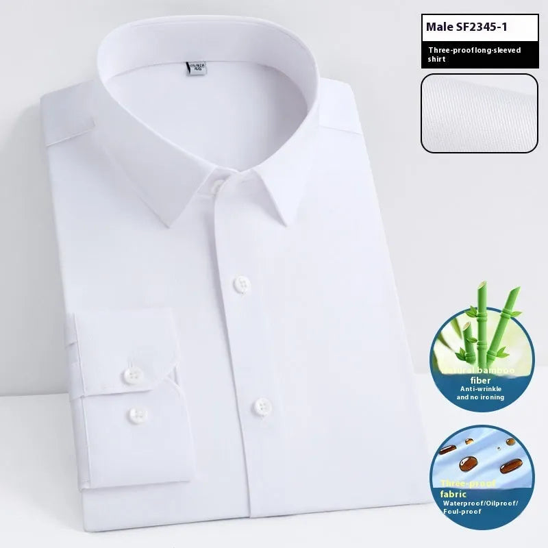 Men's waterproof business shirt in bamboo fibre with slim fit and square collar