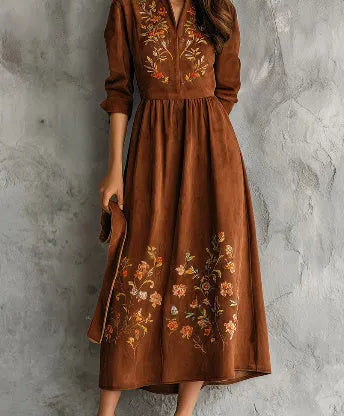 Brown polyester midi dress with vintage floral embroidery and a relaxed leisure fit.