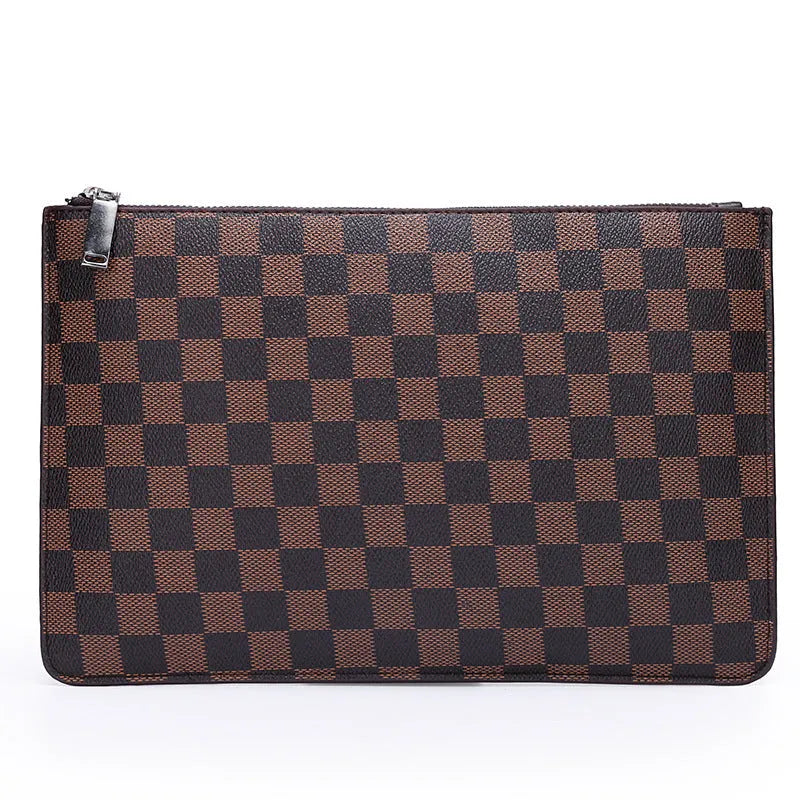 Men's soft PU leather clutch wallet showing card slots and zipper pocket in checkered pattern