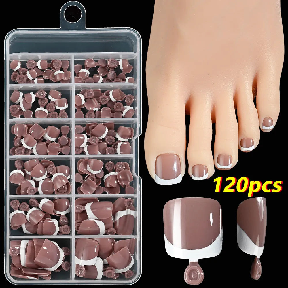 120 piece box of nude square artificial nail tips with French white edges in assorted shades