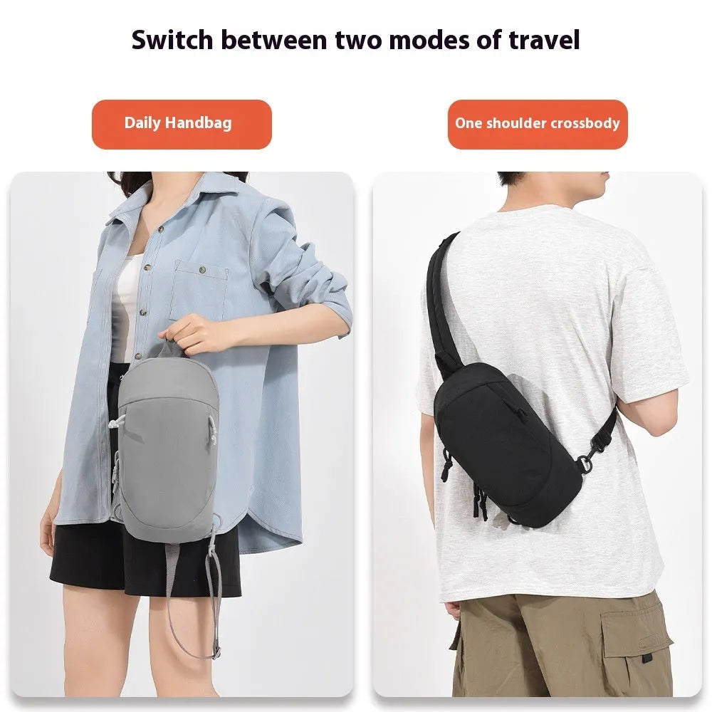 Outdoor nylon crossbody chest bag with phone pocket in one of six colours: black, white, green, pink, or grey.