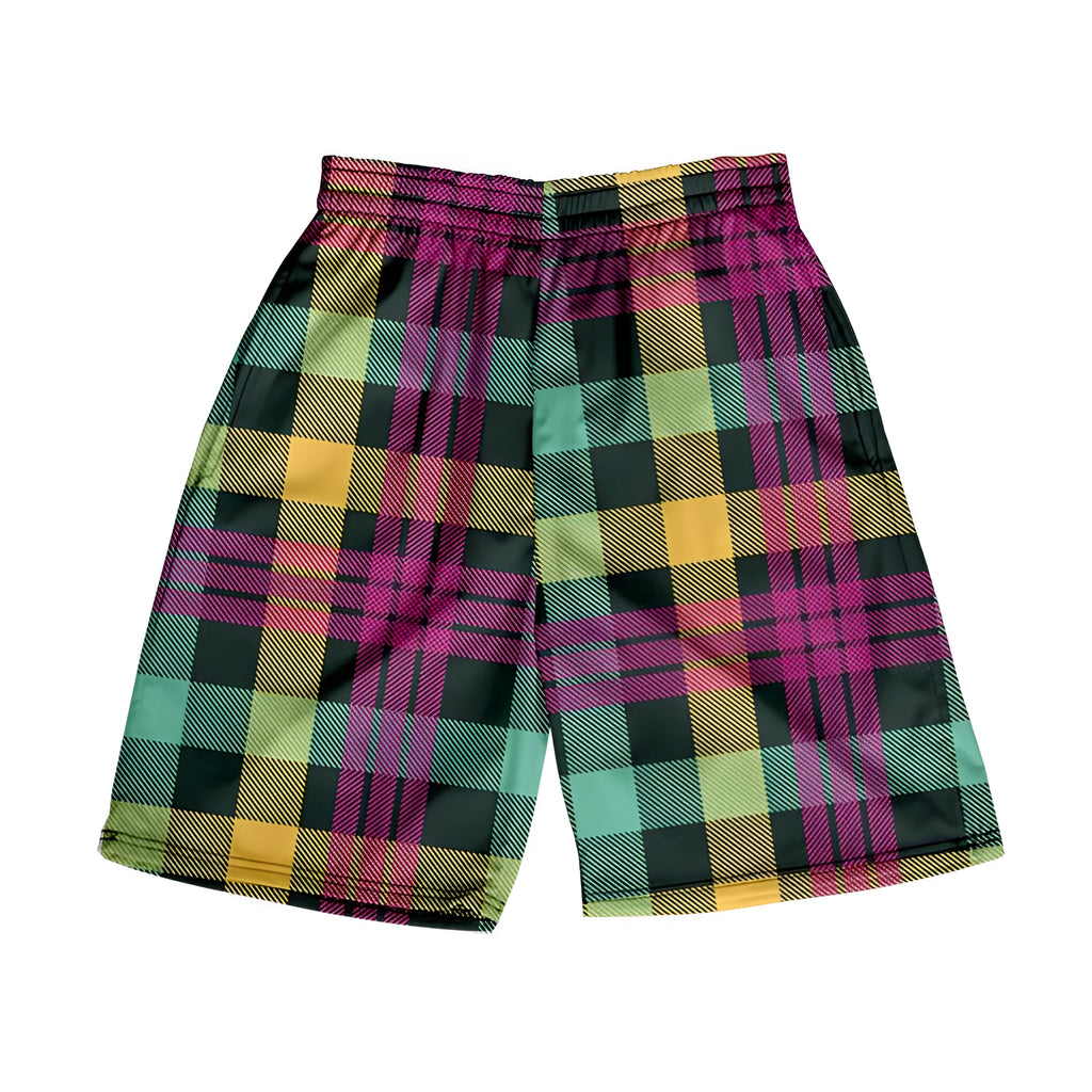 Men's blue and white plaid casual polyester shorts with an elastic waistband.