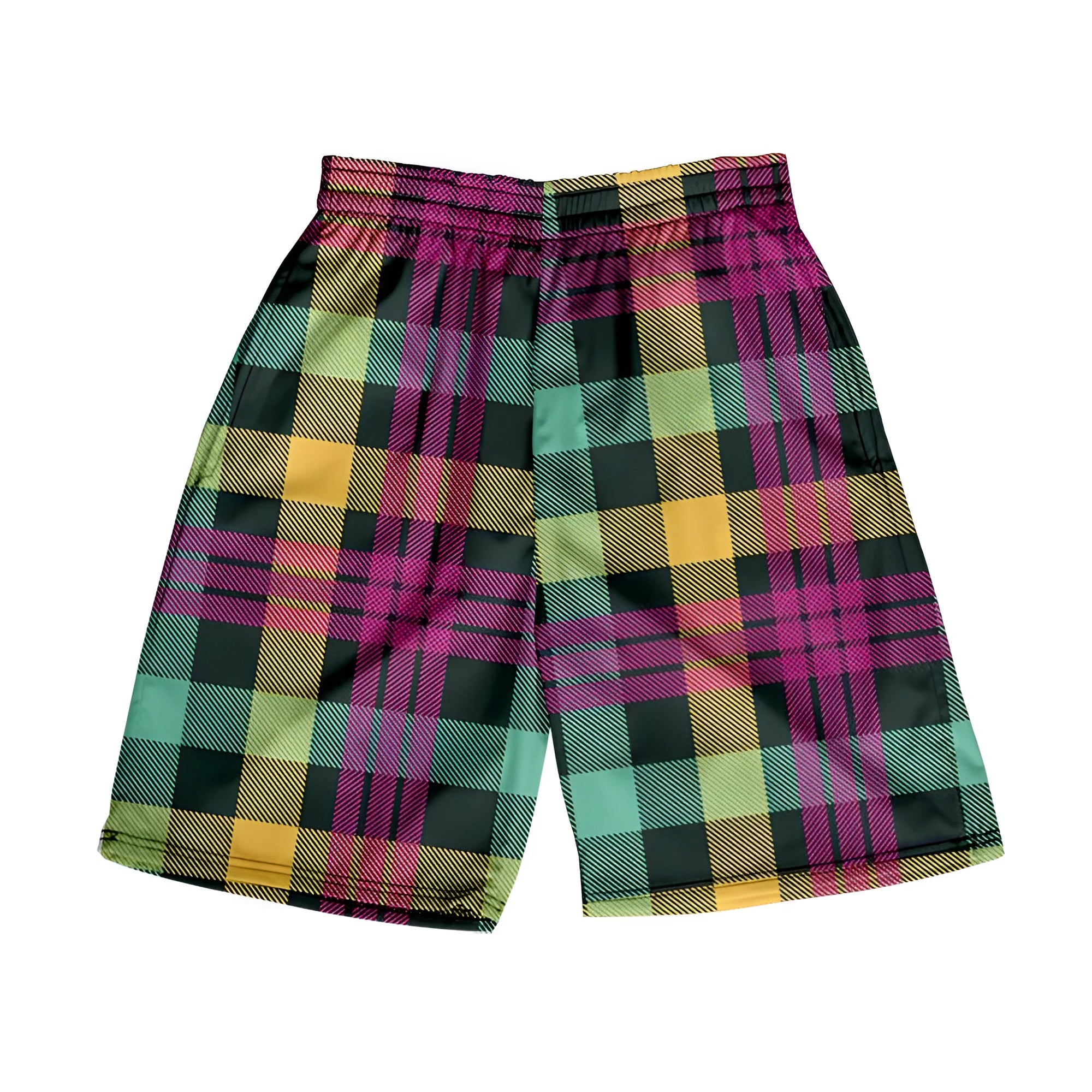 Men's blue and white plaid casual polyester shorts with an elastic waistband.