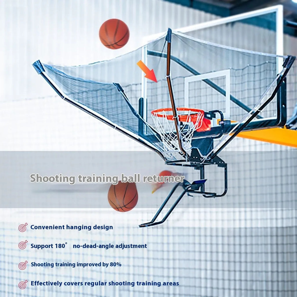 Automatic basketball shooting trainer ball return device made from cowhide and iron for solo practice.