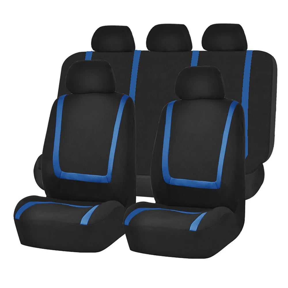 Universal fabric car seat cover set showing headrest and seat panels in a two-tone colour option