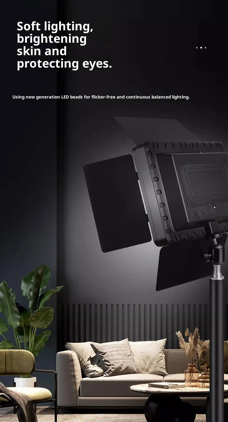 17-inch square LED fill light panel with four-leaf baffle and 2.1m bracket on a studio floor