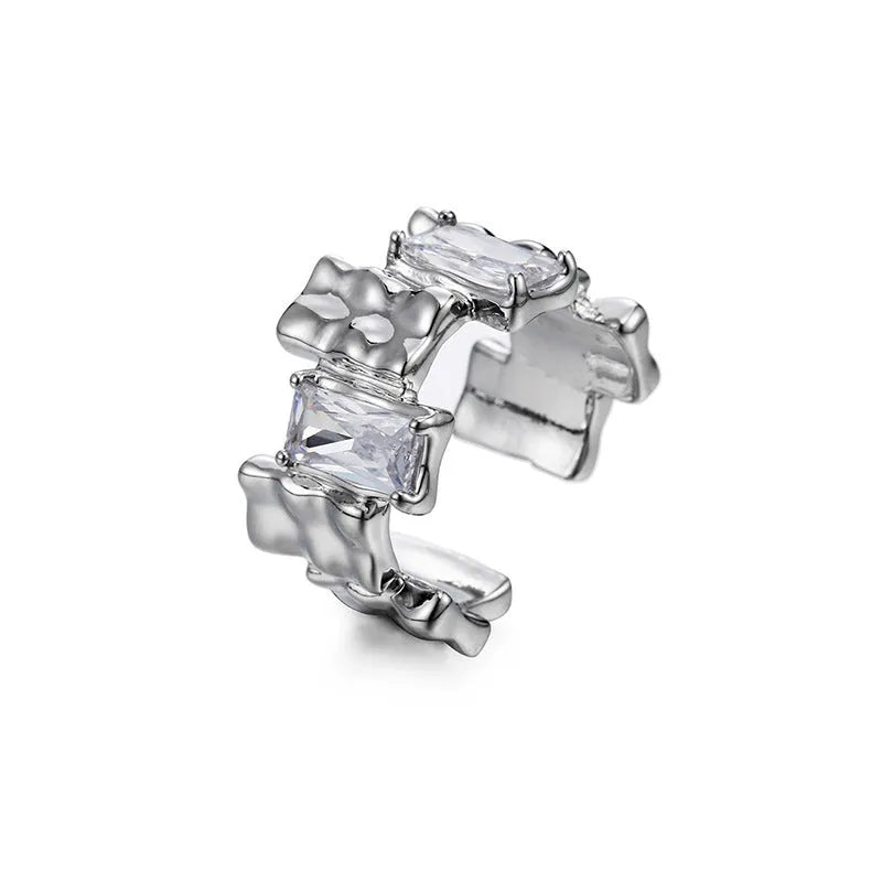 Geometric open gemstone ring in silver-plated metal with retro design