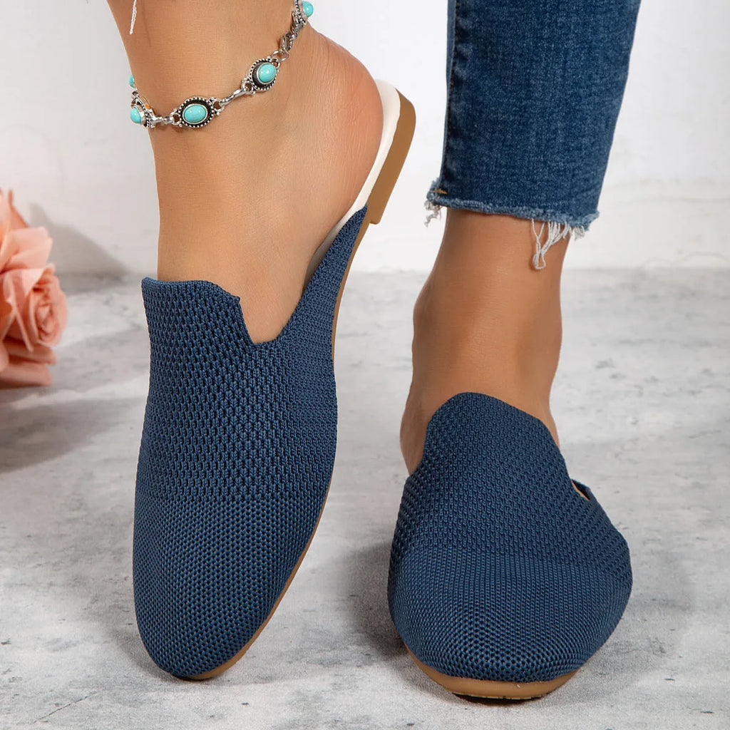 Women's apricot coloured mesh slip-on sandals with round toe and flat rubber sole