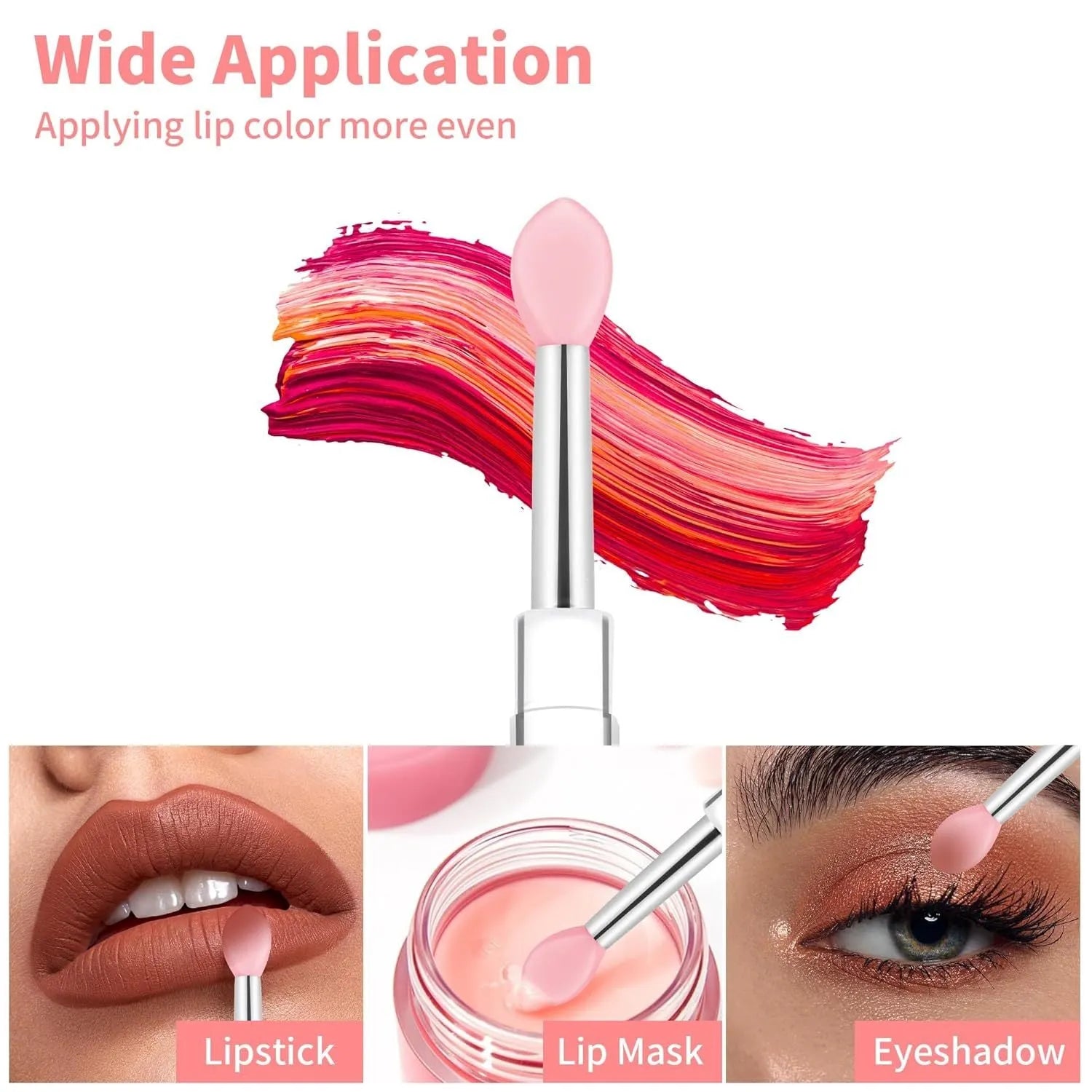 Set of reusable silicone lip brushes with caps in blue, pink, purple, red, rose red, skin colour, white, and yellow.