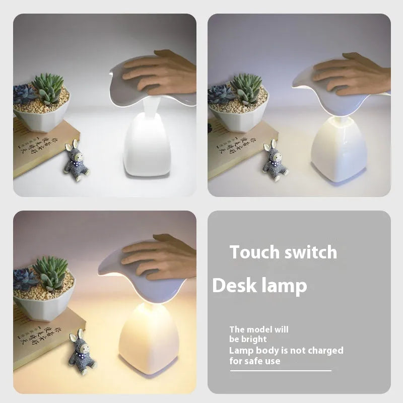 White modern LED desk lamp with a touch-sensitive base and plastic shade.