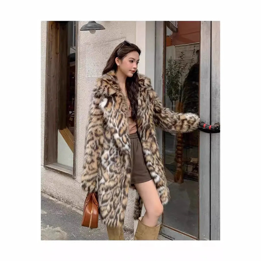 Women's long faux fur coat with fur collar in street fashion style