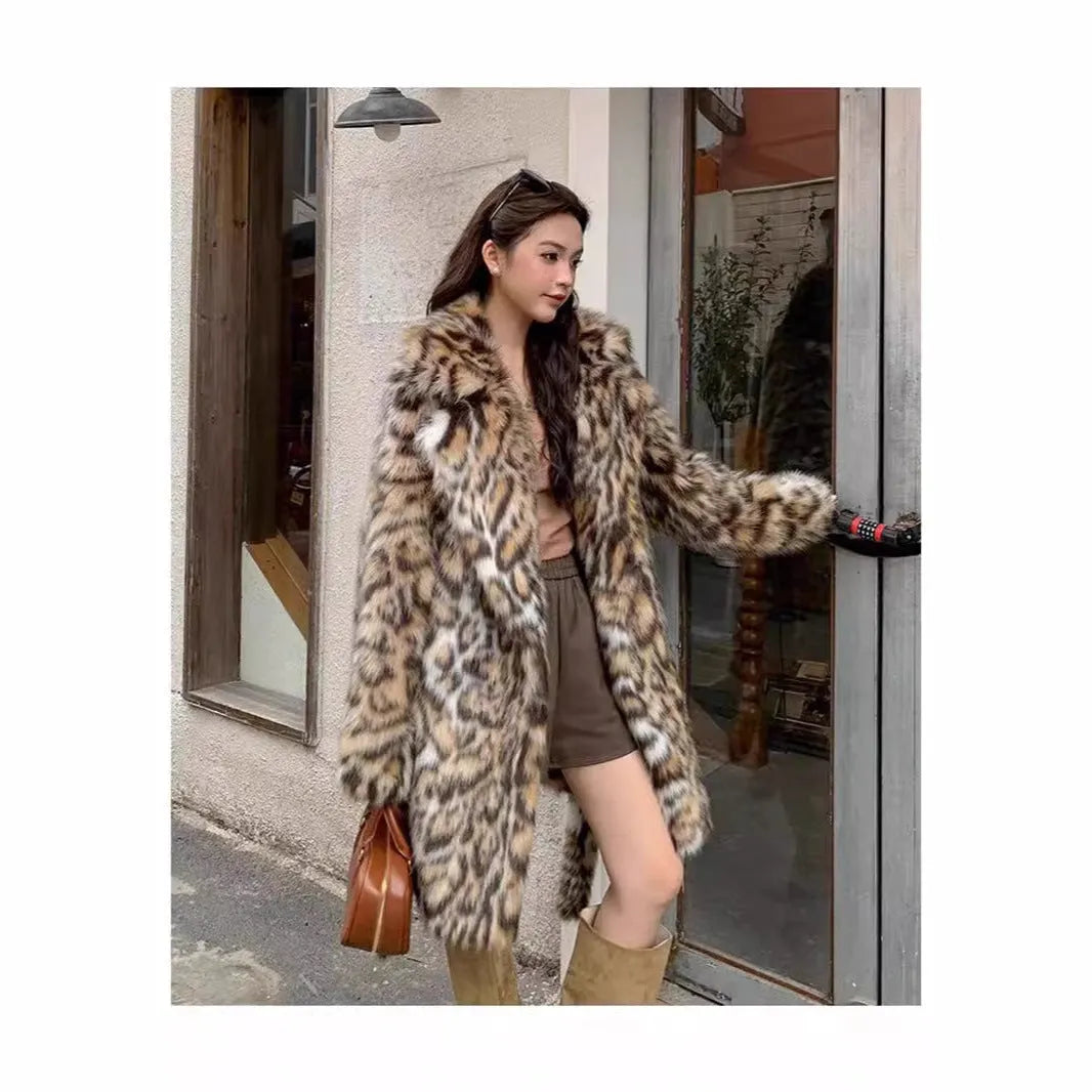 Women's long faux fur coat with fur collar in street fashion style