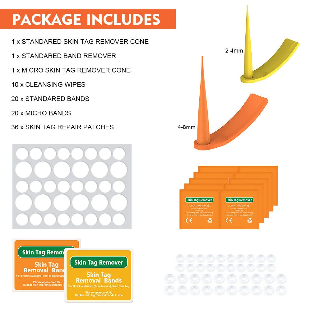 Orange-yellow mole remover tool set with two devices, rubber rings, cones, alcohol swabs, and repair sticker