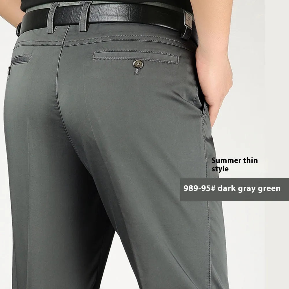 Men's elastic cotton high waisted loose trousers in khaki yellow, front view