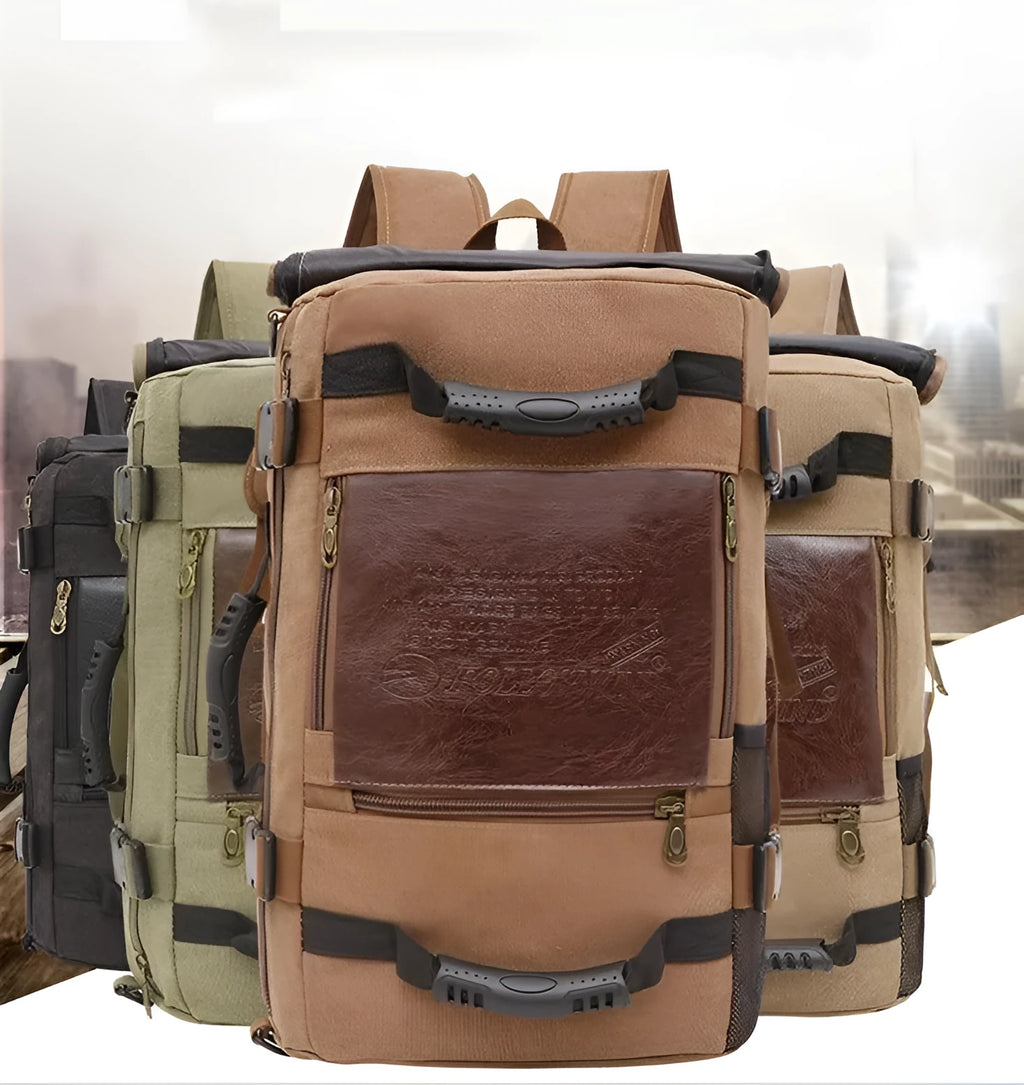 Canvas men backpack with computer pocket, side pocket, and three shoulder straps