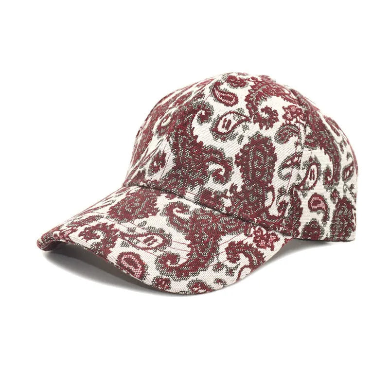 Blue polyester baseball cap with paisley pattern print and dome crown style