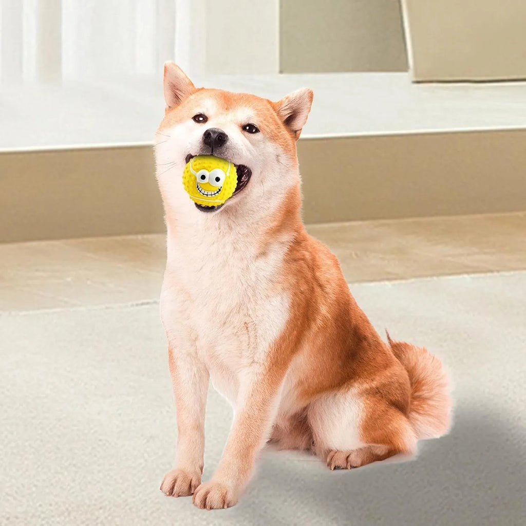Smile face dog latex ball in green, orange, and yellow – squeaky bouncy toy for small dogs and cats