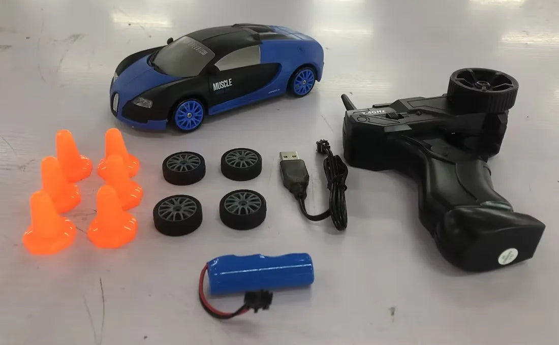 2.4G RC drift car 4WD 1:24 scale remote control toy GTR model in classic style on road with traffic cones