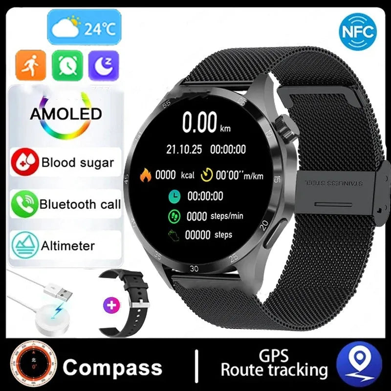 Black Bluetooth smartwatch with a touchscreen display, shown with both silicone and Milanese mesh strap options.