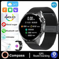 Black Bluetooth smartwatch with a touchscreen display, shown with both silicone and Milanese mesh strap options.