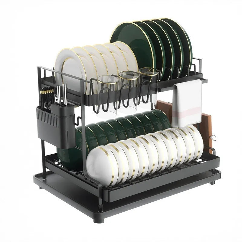 White double-layer kitchen storage rack with removable draining feature on countertop