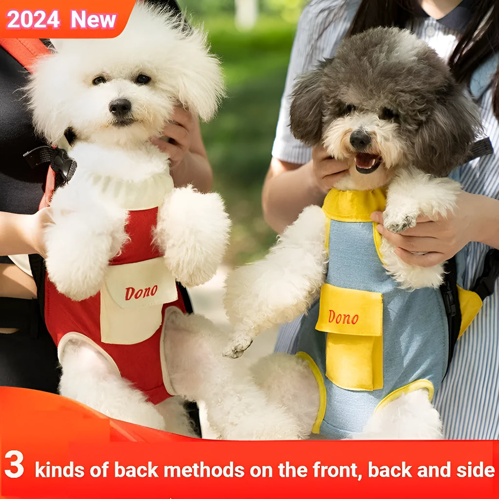 Front-carry pet sling bag with breathable mesh panels and adjustable shoulder strap in blue and yellow colour combination
