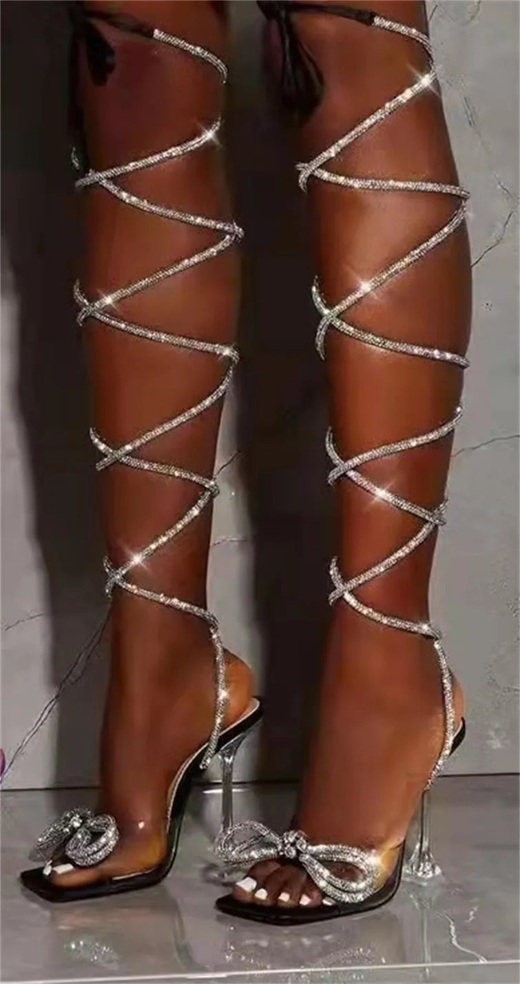 Plus size women's strappy sandals with Roman rhinestone decorations and square open toe in three colour options