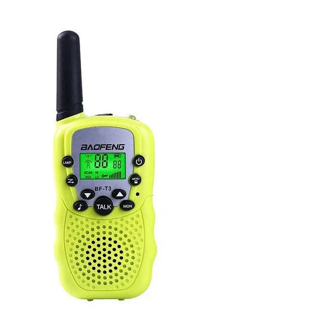 Children's walkie talkie set showing two handheld units in available colour options with 22-channel display