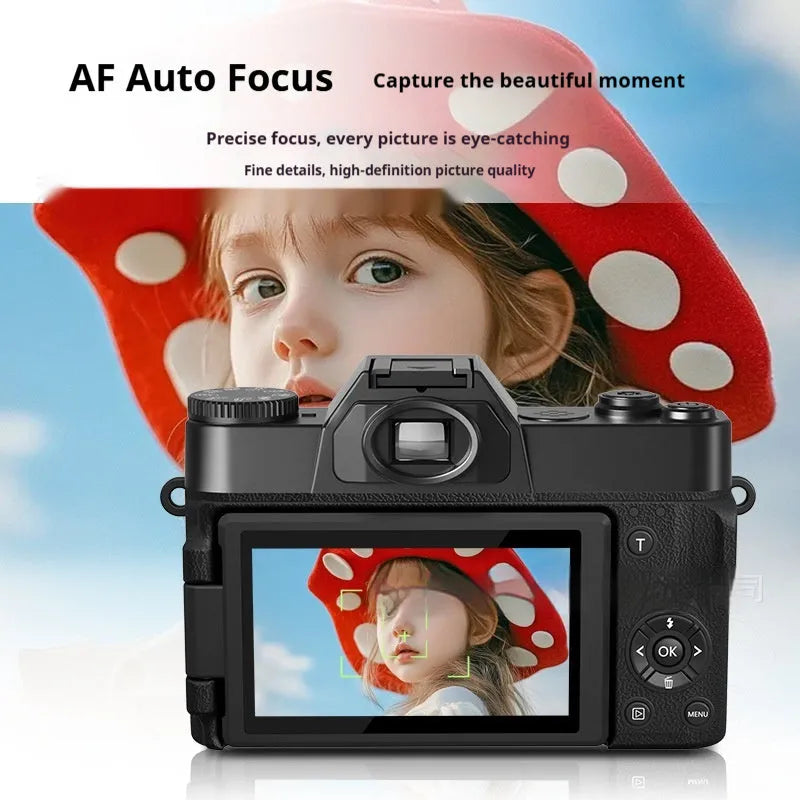 6K HD retro mirrorless camera in black with 32G card, compact design for travel photography