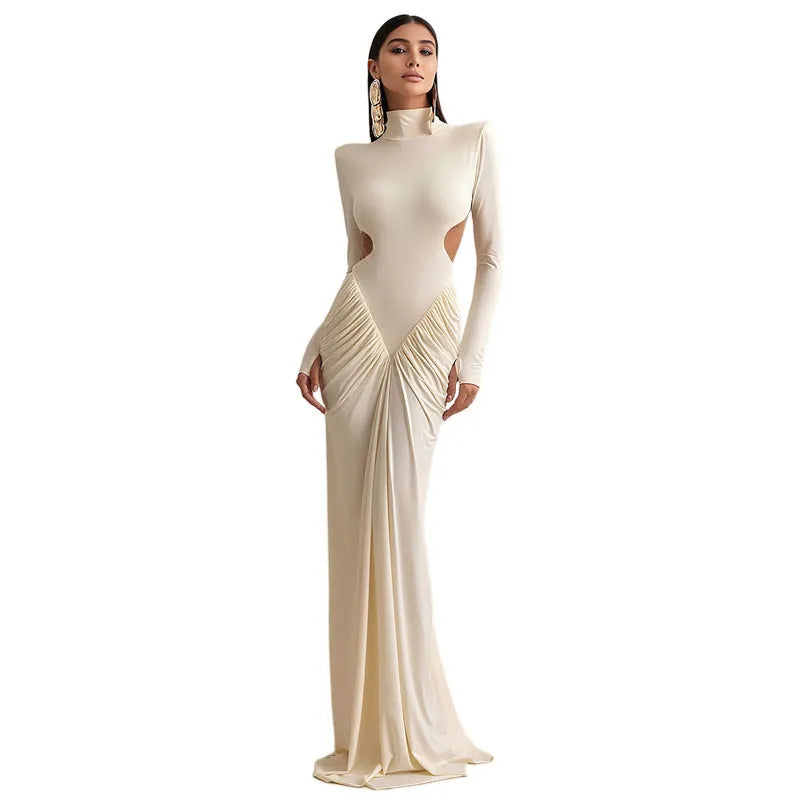 Long sleeve high collar slim fit pleated backless dress in polyester fabric