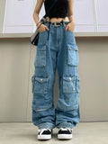 Women's high waist wide leg jeans in tie-dyed colours with multiple pockets and street hipster styling
