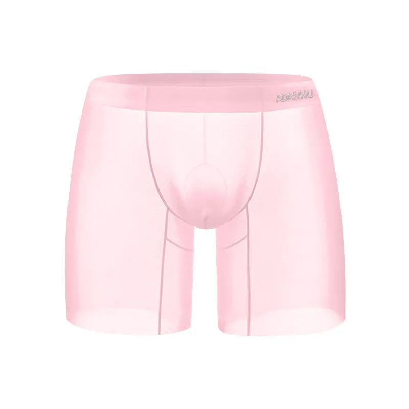 Men's ice silk nylon boxer shorts in orange, pink and red colours with low-waist design