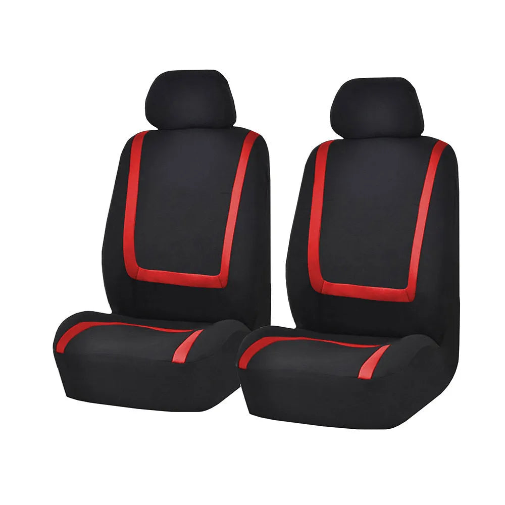 Universal fabric car seat cover set showing headrest and seat panels in a two-tone colour option
