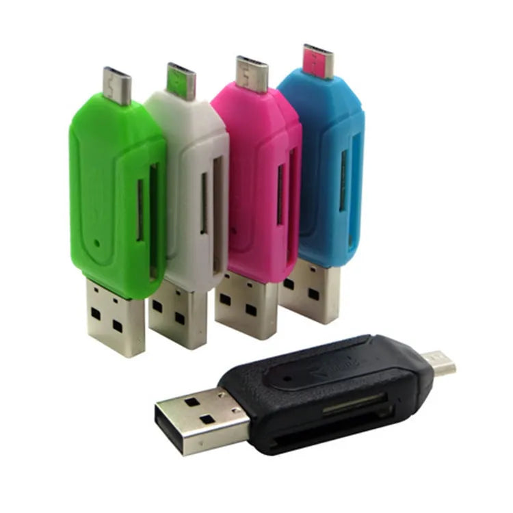 White USB OTG card reader with micro USB connector for SD and TF memory cards.