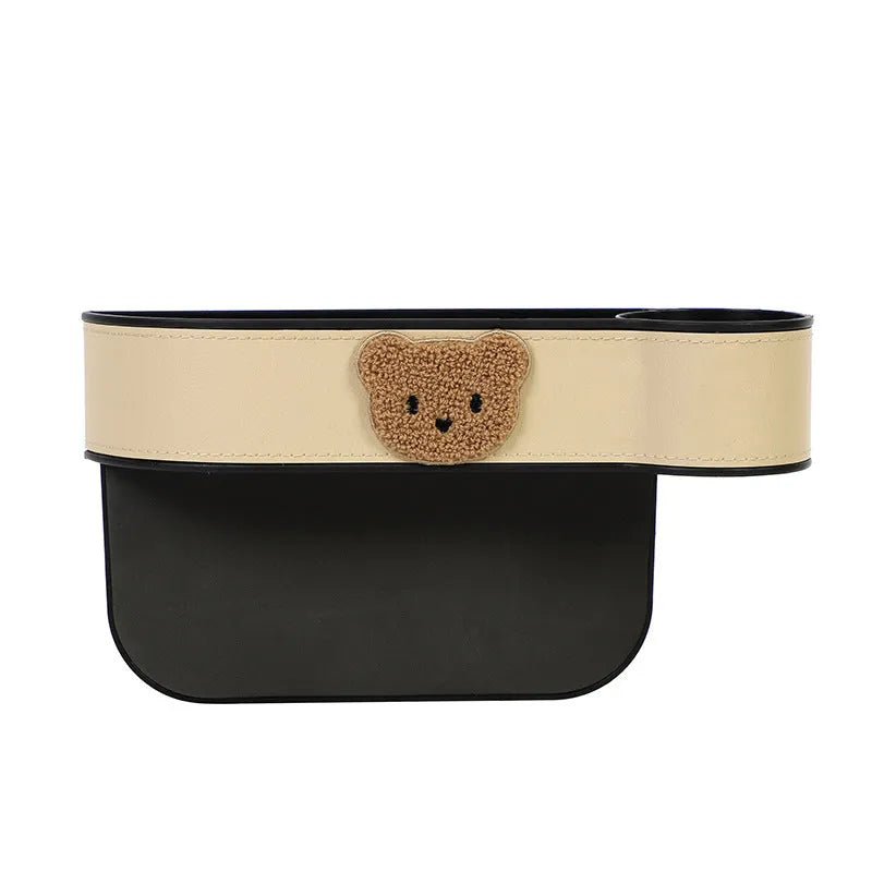 Leather car seat gap storage box with cartoon bear design options for co-pilot or main driving position.