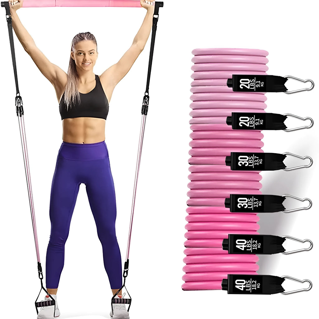 Yoga gymnastic bar resistance band set with 180 pounds TPE resistance bands in black and pink colour options