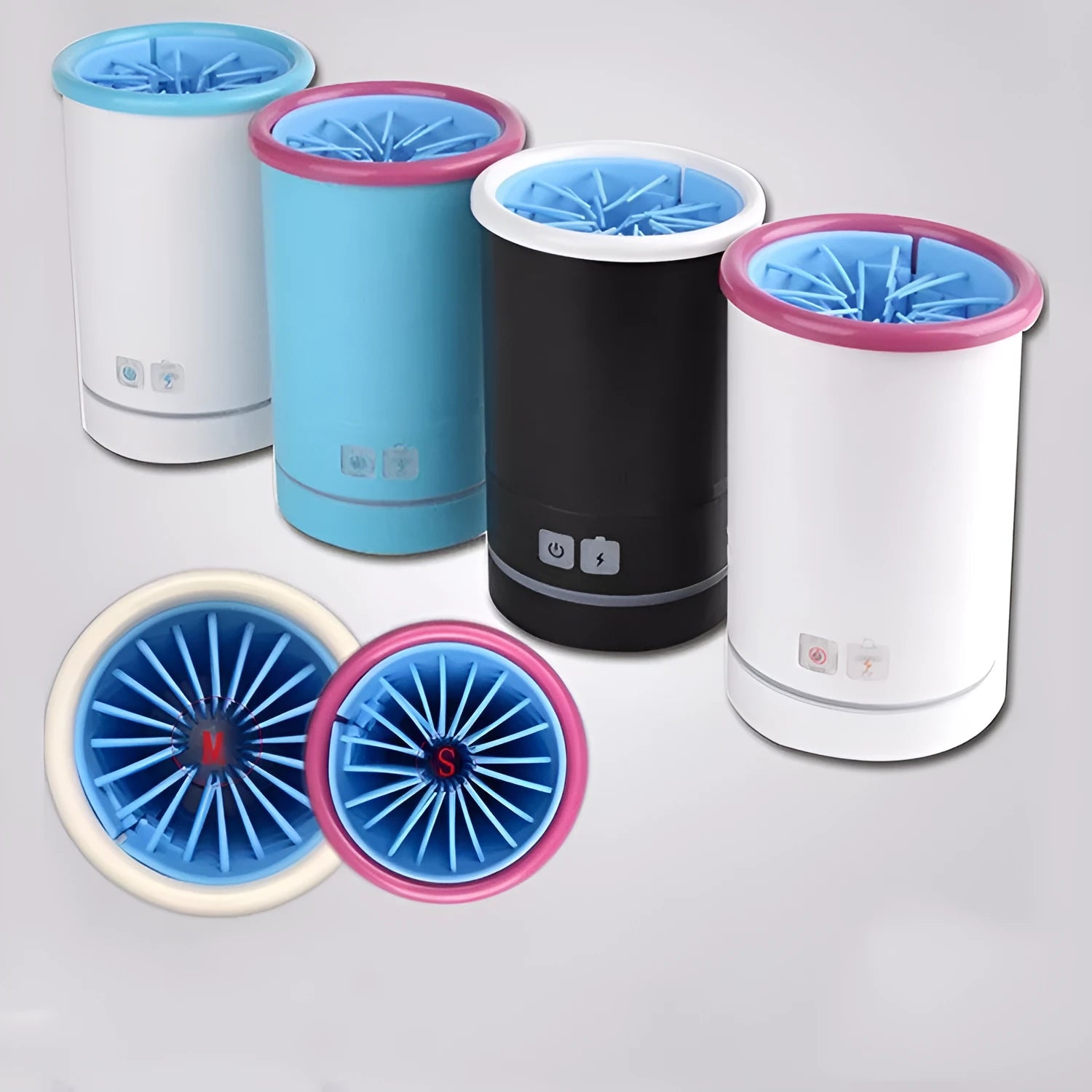 Automatic pet foot washing cup in white blue with silicone brush interior and USB power cable
