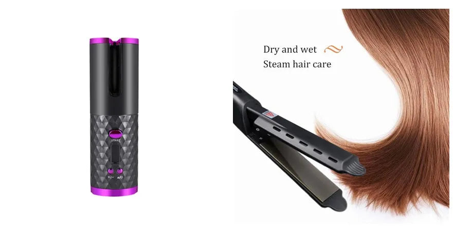 Portable automatic curling iron with USB charging port and gold ceramic barrel in white colour