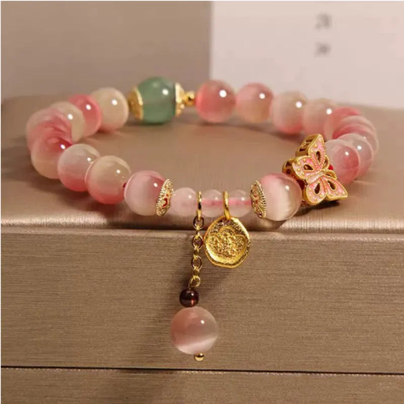 Pink opal butterfly women's bracelet with Chinese design elements