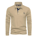 Men's casual polo long sleeve top with deer embroidery, cotton blend, available in multiple colours