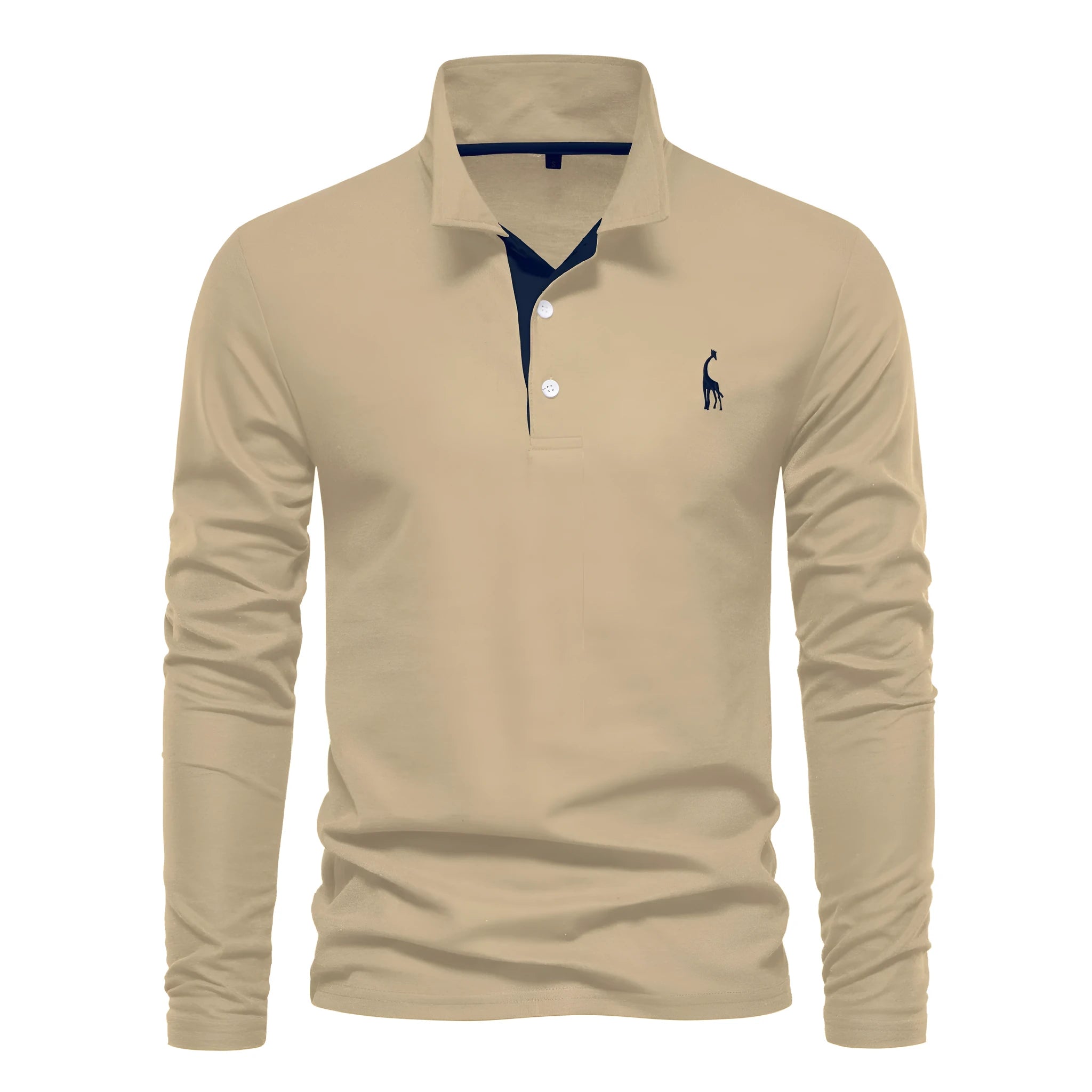 Men's casual polo long sleeve top with deer embroidery, cotton blend, available in multiple colours