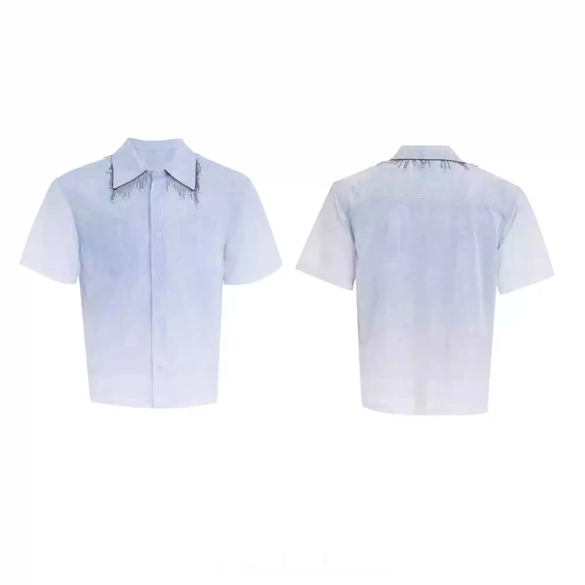 A loose-fit blue men's short sleeve shirt with a white gradient fade.