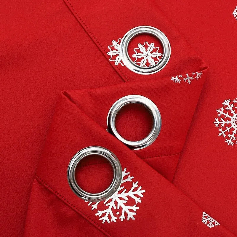 Hole-free snowflake pattern shade cloth curtain in red or green with lace loop or iron hoop detailing